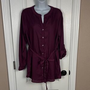 Papermoon Women's Roll Tab Sleeve V-Neck Belted Deep Purple Tunic Size M NWT